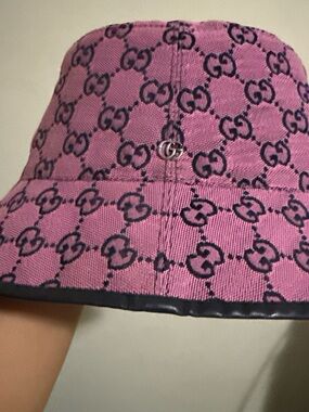 Gucci Pink GG Canvas Bucket Hat with Black Trim